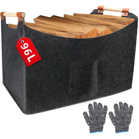 Panier à bois de cheminée en feutre XXL (96 l, 60 x 40 x 40 cm), panier à bois de cheminée, grand panier à bois de cheminée, feutre extra épais, panier à bois pliable, avec poignée en bois et (1/4)