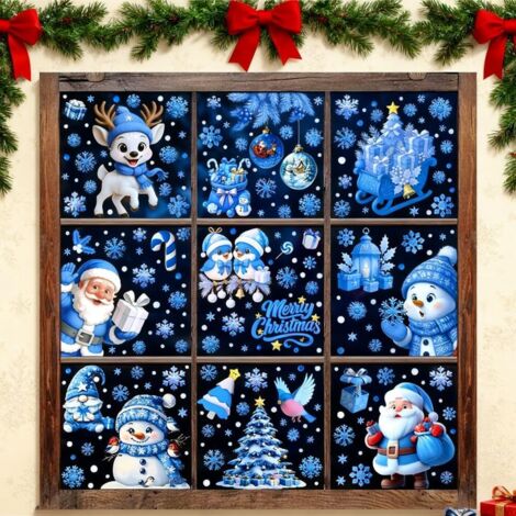Lot de 6 feuilles d'autocollants de Noël en gel réutilisables pour fenêtres en verre avec flocons de neige, renne, pingouin, bonhomme de neige, arbre