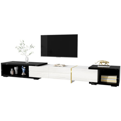 Armoire TV Moderne à Longueur Variable (140-260 cm), Fonction Pivotante, Aspect Marbre Noir, Finition Blanc Brillant Mat et Décorations Dorées (1/5)