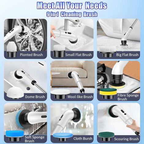 Brosse De Nettoyage Électrique Rotative - Multifonction, Sans Fil, Avec Têtes Interchangeables - Pour Salle De Bain, Cuisine, Carrelage - 9