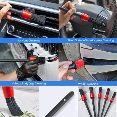 Kit De 5 Brosses De Detailing Auto – Poils Sanglier Et Synthétiques – Pour Intérieur, Extérieur, Bouches D’aération