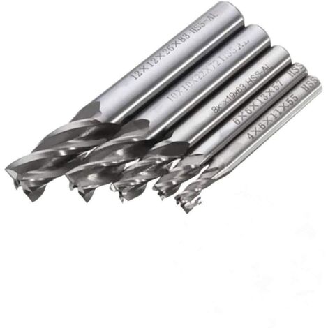 5 pcs 4/6/8/10/12 mm 4 Flûte tige droite End Mill Cutter en acier rapide HSS Forets (1/5)