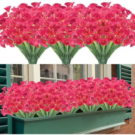 Fleurs artificielles, 12 paquets de fleurs artificielles résistantes aux UV, pas de décoloration, faux buissons en plastique, décorations de jardinière pour porche de jardin (rose rouge)