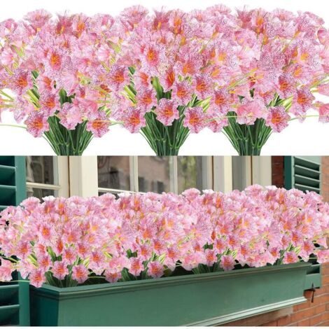 Fleurs artificielles, 12 paquets de fleurs artificielles résistantes aux UV, pas de décoloration, faux buissons en plastique, décorations de jardinière pour porche de jardin (rose)