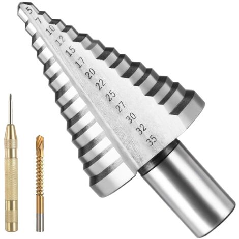 LYCXAMES -- Foret Étagé, Foret Fraise Meche Etage, Fraise Conique à Double Fente (5mm-35mm) avec Revêtement Titane, Solide, pour Visseuse Percage sur Acier Bois, Plastique, Laiton, Aluminium, PVC (1/5)