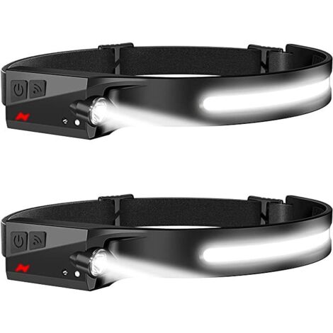 Lampe frontale, lampe frontale LED rechargeable USB puissante à induction COB, lot de 2 lampes frontales avec 5 modes d'éclairage pour la pêche, le camping, la randonnée, la course à pied et la lectur (1/5)