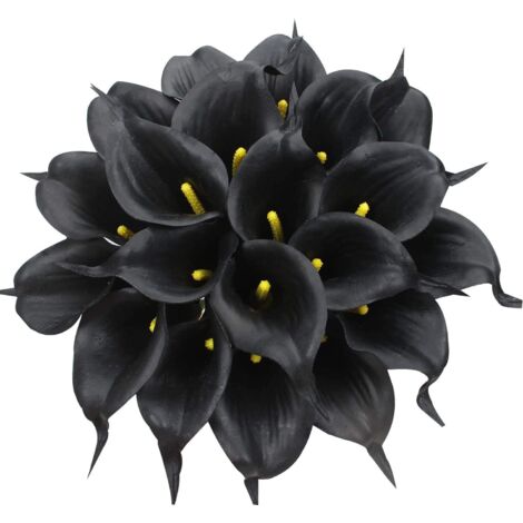 24 arums artificiels en latex, bouquet réaliste d'une seule tige pour la décoration de la maison, des fêtes, du bureau, des mariages et des compositions florales (noir) (1/5)