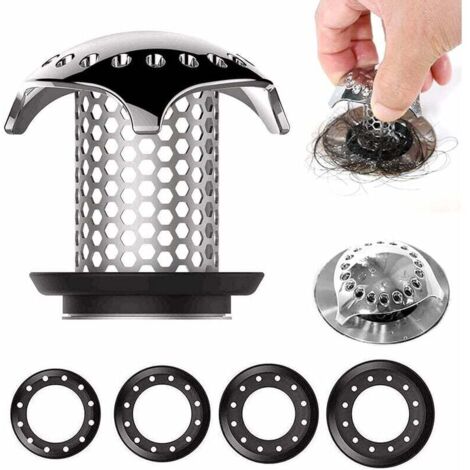 Filtre de bonde en acier inoxydable pour baignoire et douche, compatible avec les diamètres de bonde de 3,5 à 4,5 cm, 4 joints en caoutchouc. (1/5)