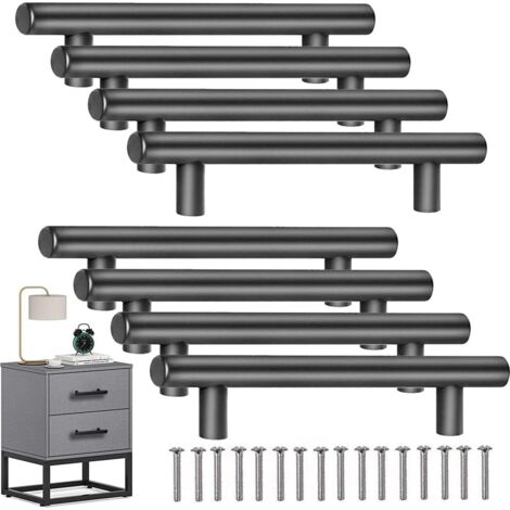 Lot de 8 poignées de porte de cuisine en forme de T avec vis (200 mm), en acier inoxydable, entraxe de 128 mm, pour placards de cuisine, noires. (1/5)