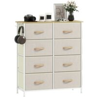 Commode de Chambre à Coucher avec 8 Tiroirs en Tissu, Supports en Acier, Surface en Bois, 4 Poches de Rangement, 2 Crochets, Beige