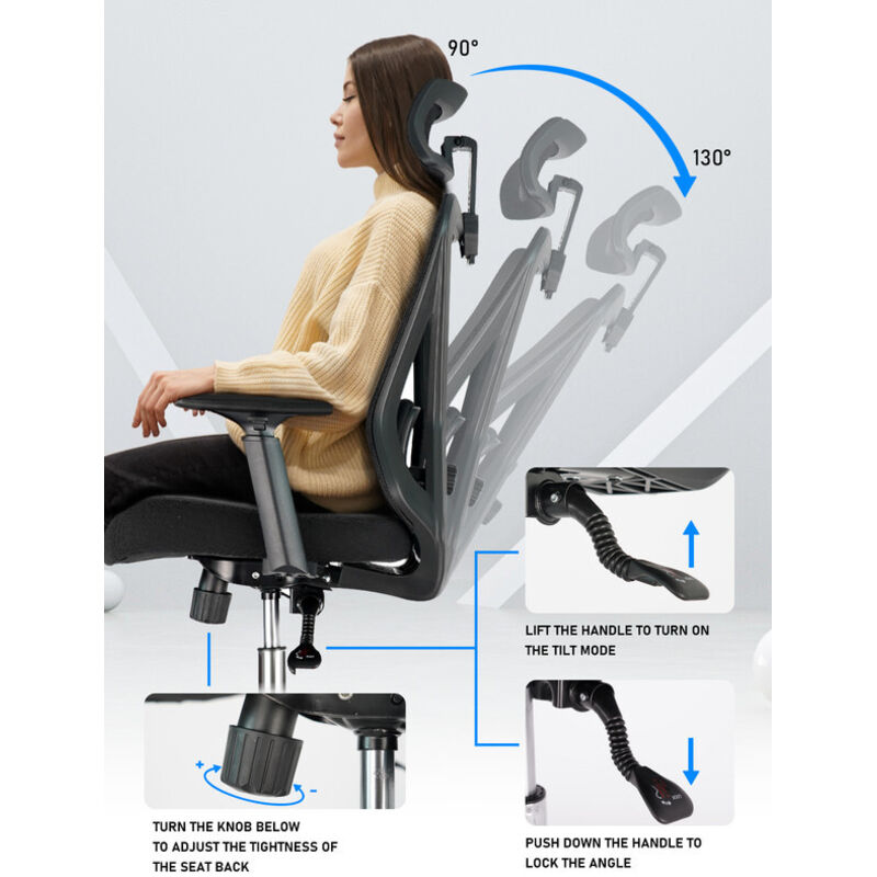Chaise Bureau Ergonomique Durrafy - Inclinaison 90-130°, Soutien Lombaire, 150kg