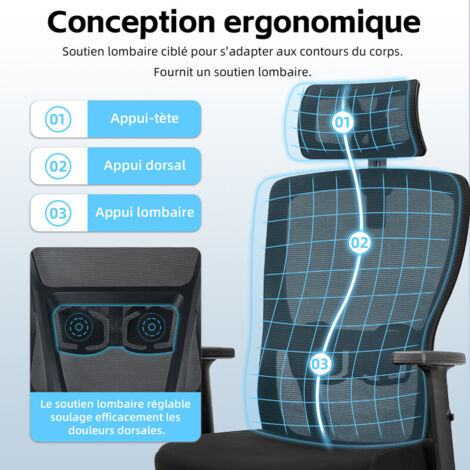 Chaise De Gaming Réglable Chaise Bureau Ergonomique TONFARY - Dossier Maille Haut, Support Lombaire, Accoudoirs Relevables, 150kg