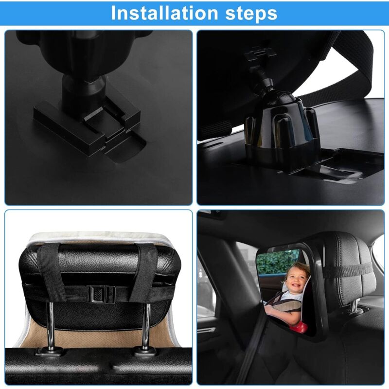 SJACXANM Miroir Voiture Bébé Incassable - Rétroviseur Siège Auto Arrière Avec Rotation 360° Et Sangle Réglable (Noir)