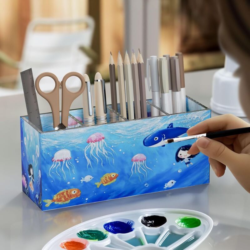 TESSTSY Pot à Stylos 4 Compartiments En Acrylique Transparent - Organiseur Bureau 22.5x7.6x9.5cm