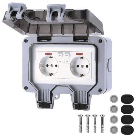Prise étanche complète Extérieure 16 A IP66 avec interrupteur, boîte de dérivation étanche, interrupteur extérieur étanche mural double pour Cuisine, Salle de Bain, Garage, Piscine et Jardin (1/5)