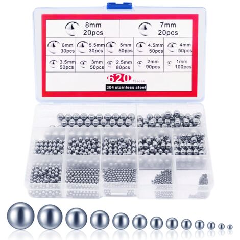 Billes de Précision en Acier Inoxydable, 620 Pièces Boules de Roulement à Billes, Roulement à Bille en Acier de Précision Métrique, Boules Billes Métalliques Acier Inox pour Roues de Bicyclette (1/5)