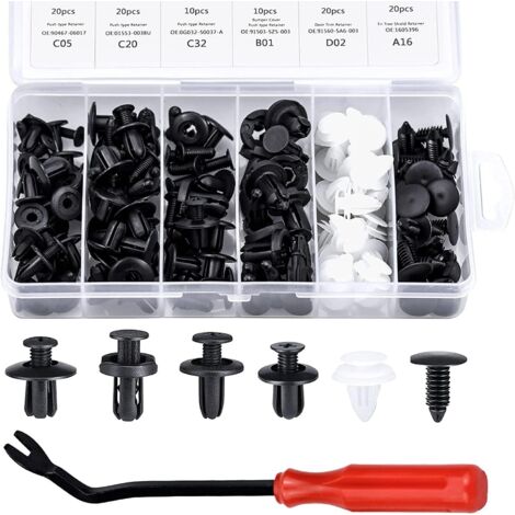 100Pcs Rivet Clips Accessoires équipement intérieur Voiture Rivets en Plastique Attaches de Protection en Plastique, 6 Formes et Tailles, avec Boîte de Rangement (Noir, Blanc)