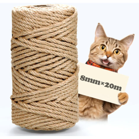 Houhence – Corde en sisal naturel 8 mm x 20 m – Résistante aux intempéries – Pour arbres à chat, meubles et jardin – 100% biodégradable