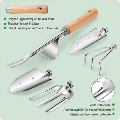 Kit D'outils De Jardinage 10 Pièces YAUNGEL - Acier Inoxydable, Poignées En Bois - Avec Sac Et Boîte Cadeau - Vert