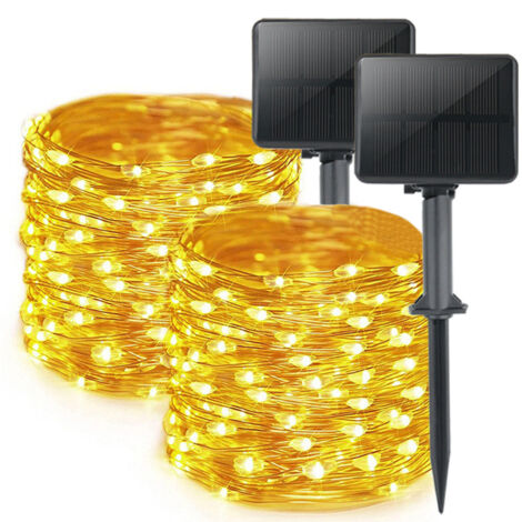 Lot de 2 Guirlande Solaire Exterieur, Totale 16m 160LED Lumineuse Étanche, 8 Modes Décoration pour Jardin Terrasse Cour Noël Mariage Fête, Blanc Chaud