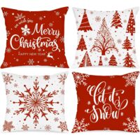Lot de 4 Housse de Coussin Noel 45x45 cm, Taie d'oreiller Joyeux Xmas Flocons de Neige d'hiver Parure de Oreiller de Décoration de Lit Noel Deco pour Chambres Canapé Noël Decoration(Rouge)