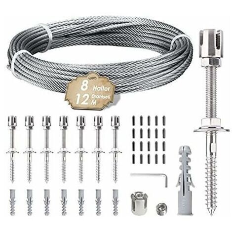 CHOYCLIT Support de plantes grimpantes. Kit de suspension en corde inox 12 m. Comprend câble 3 mm et 8 tendeurs. Convient jardins, murs béton, panneaux clôture, bois massif. (8 tendeurs de 12 m) (1/4)