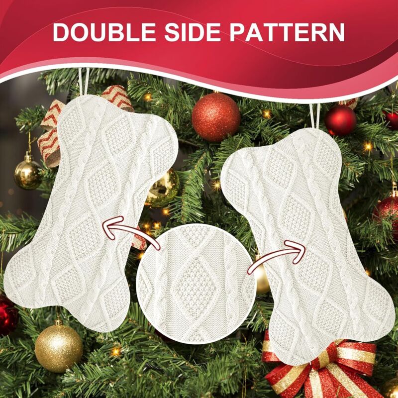 Lot De 6 Bas De Noël 18 Pouces - Ivoire Et Vert - Tricot Double Face Vintage Chien
