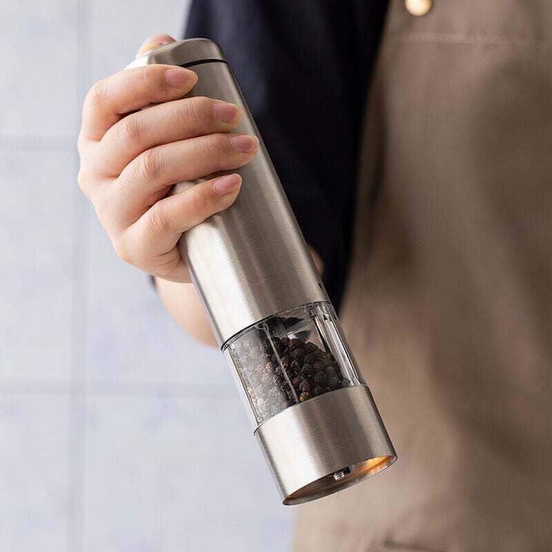 LessMo Ensemble de moulins à poivre et sel avec plateau en bois - Rechargeable - Acier