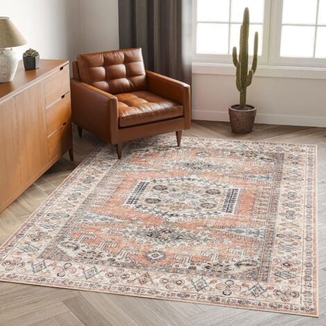 Tapis Salon 80x120cm Orange Vintage Poils Ras Antidérapant Lavable Salon Chambre Salle à Manger Durable