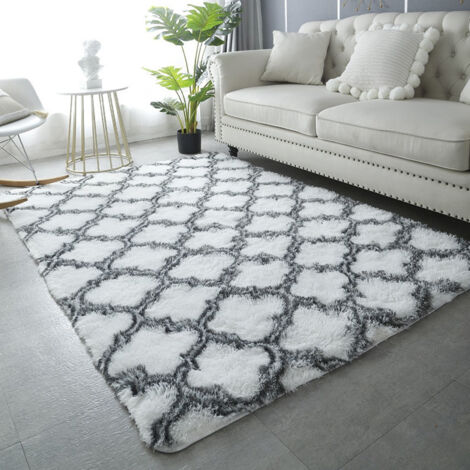Tapis Peluche Moderne 120x160cm Motif Géométrique Noir Blanc Salon Chambre Antidérapant Hypoallergénique Lavable (1/4)