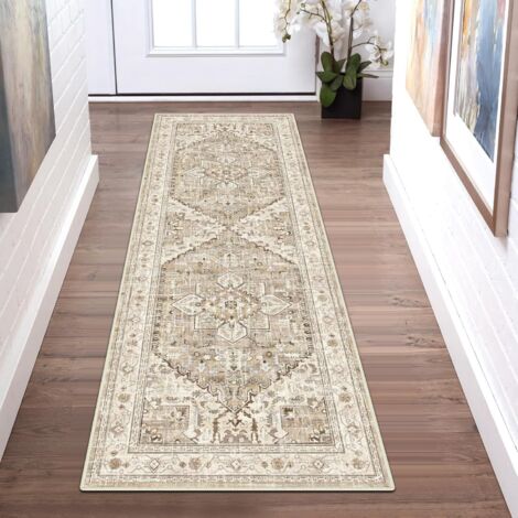Tapis couloir 40x160cm – Style bohème vintage – Fausse laine 100% polyester – Antitache et lavable en machine – Envers antidérapant