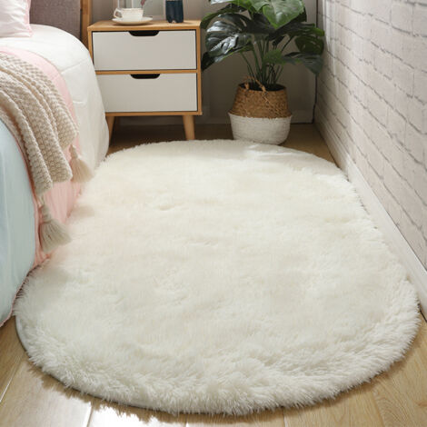 Tapis chambre bébé ovale 50x120 cm shaggy crème antidérapant lavable machine hyper doux décoration nursery cosy cocon évolutif
