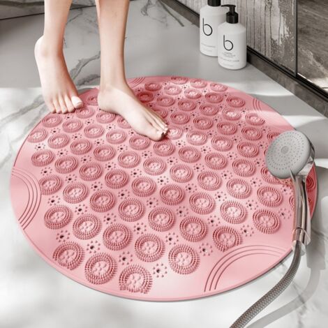 Tapis de douche rond antidérapant en PVC, 55 x 55 cm, avec trous de drainage et ventouses, rose (1/4)