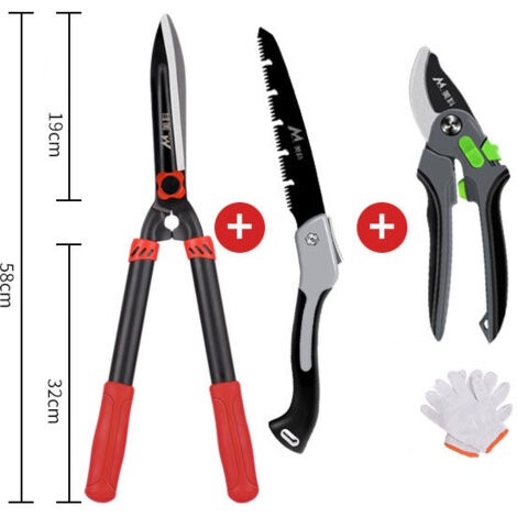 Ensemble d'outils de coupe de jardin 3 pièces : cisaille à haies + cisaille à branches + scie pliante (1/4)