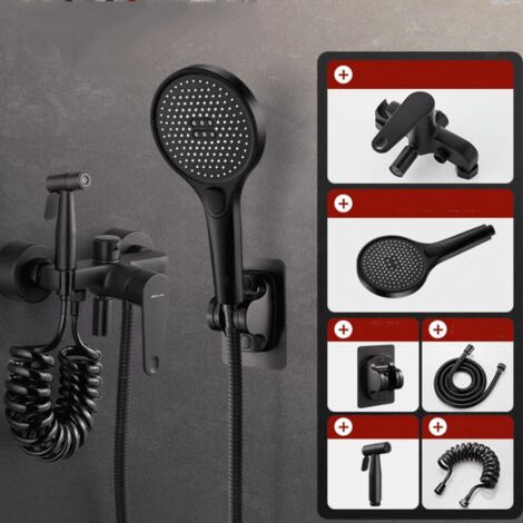 Mitigeur de baignoire noir, robinet de baignoire avec douchette et support de flexible de douche (1,5 m), mitigeur de douche mural monocommande - mitigeur 3 en 1 (1/4)
