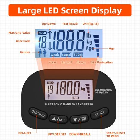 Testeur De Force De Préhension Numérique 120 Kg / 268 Lbs – Dynamomètre Main Électronique Avec Écran LCD Et USB (Gris EH101)