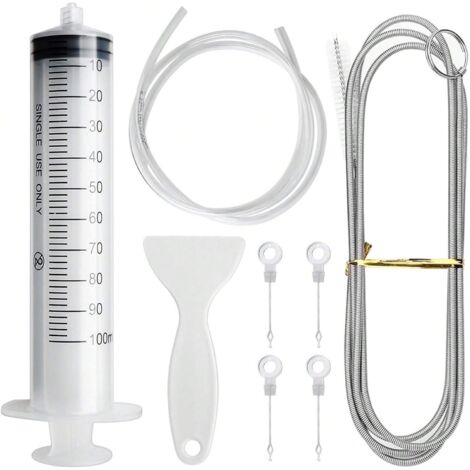 Ensemble de 8 outils de nettoyage pour réfrigérateur : brosse de nettoyage flexible, tuyau en PVC de 1,5 m, eau de dégivrage, seringue de 100 ml et 4 couvercles de vidange pour réfrigérateur de cuisin (1/5)