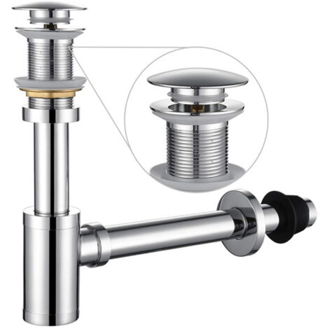 Ensemble complet de siphon en P pour lavabo de salle de bain, kit de vidange d'évier réglable de 1-1/4 po, tube en laiton massif avec siphon à tirette, version sans trop-plein, chrome argenté (1/4)
