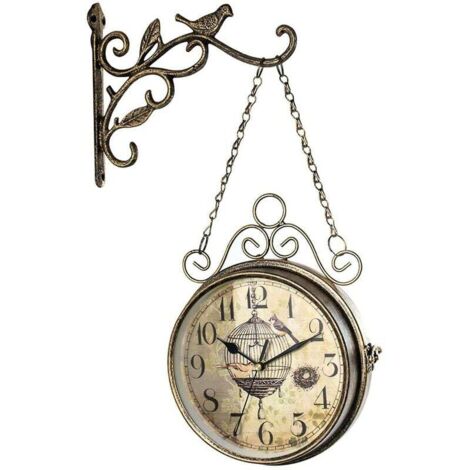 Horloge murale vintage avec grands chiffres des deux côtés, effet antique, horloge murale d'extérieur, bronze/rouge