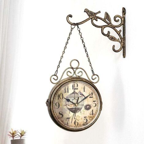 Horloge Murale Double Face – Vintage Industriel – Fer Forgé – Silencieuse – Neuf