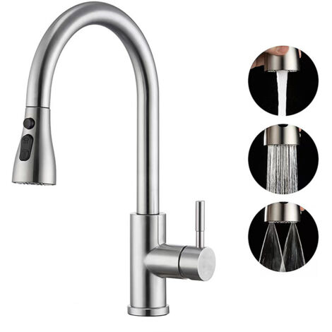 Enowelir Robinet de cuisine avec pommeau de douche - Mitigeur de cuisine avec bec pivotant à 360°, 4 modes de pulvérisation, arc élevé, robinet en acier inoxydable pour éviers de cuisine monotrou (1/4)