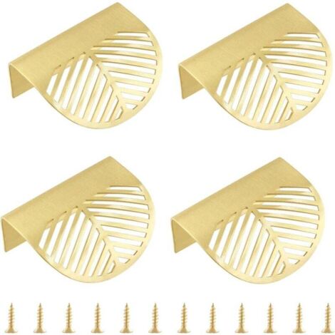 Lot de 4 poignées de meuble en laiton massif en forme de feuille d'or pour portes, tiroirs de cuisine, commodes et armoires
