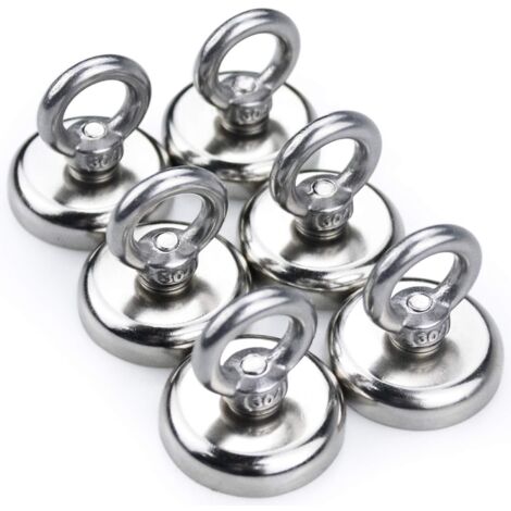 Lot de 6 aimants de pêche puissants en néodyme, force de traction de 50 kg, aimant en terres rares avec trou fraisé, diamètre de l'œillet : 36 mm, pour la récupération en rivière et la pêche magnétiqu (1/4)