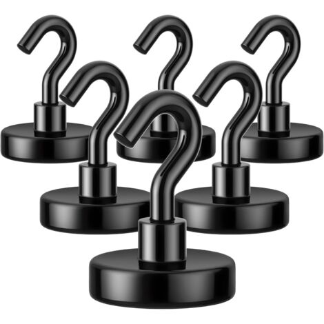 Lot de 6 crochets magnétiques - 11,8 kg - Crochets magnétiques en néodyme extra-puissants pour réfrigérateur, barbecue, voyage, bureau et maison Crochets magnétiques sans perçage, noirs (1/4)