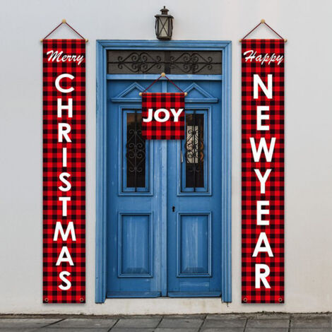 2 distiques de Noël, décorations extérieures, drapeaux extérieurs, scène de Noël à carreaux bleus 180cm x 30cm (1/2)