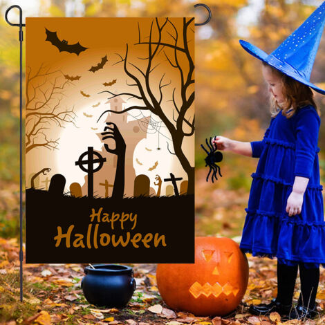 Drapeau d'Halloween, drapeau d'Halloween, drapeau de décoration de pierre tombale sur le thème de l'horreur d'Halloween, drapeau de cour, drapeau de jardin (30 x 45 cm) (1/4)