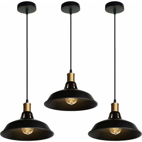 Suspension Lustre Industrielle Vintage Luminaire Plafonnier E27 Salon Abat-jour Plafond en Métal Rétro Style Nordique Design Câble Réglable (Noir, 3pcs) (1/4)