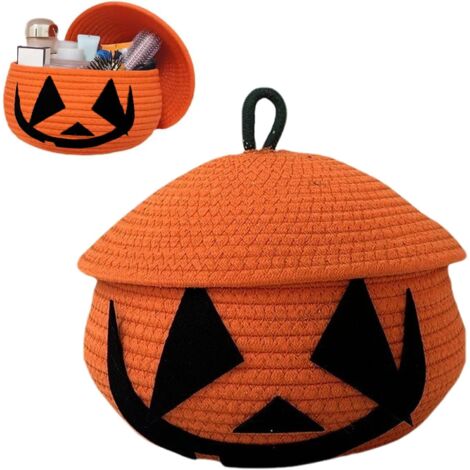 Panier à citrouille avec couvercle, bacs de rangement d'Halloween avec couvercles, panier de rangement de bonbons d'Halloween, paniers tissés pour le rangement, panier en corde tissée pour enfants, bé (1/4)