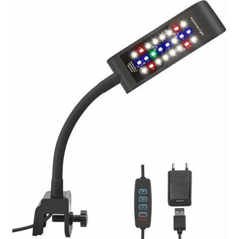 Clip LED pour aquarium XVX, [RVB + lumière blanche] Variateur de luminosité à 10 niveaux pour aquariums de 20 à 30 cm et plantes aquatiques, noir (1/4)