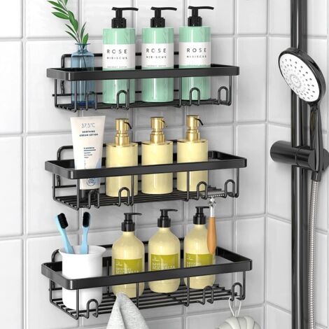 Etagère Douche sans Percage, Lot de 3 Etagere Salle de Bain Rangement Salle de Bain sans Percage, Accessoire de Salle de Bain en Acier Inoxydable 304, Rangement Douche Noir (1/5)